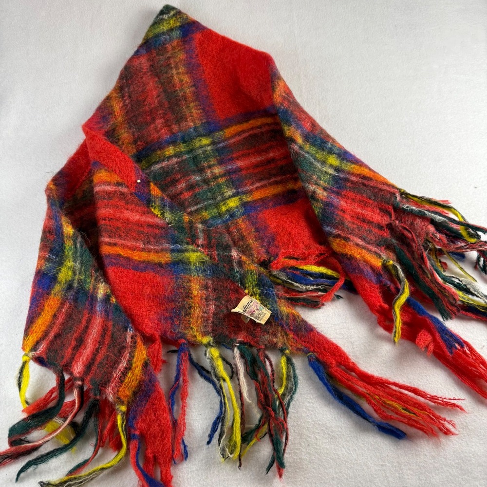 Glentana Scotland Mohair Wool Red Plaid Fringe Scarf‎ Vintage Made in Scotland